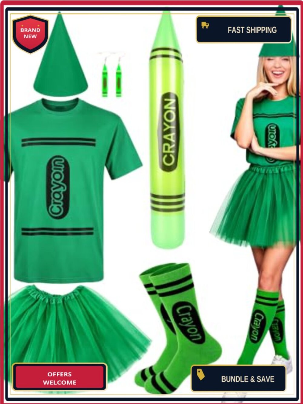 6 Pc Crayon Costume Set Cotton T-Shirt Tutu Felt Hat Cosplay Halloween